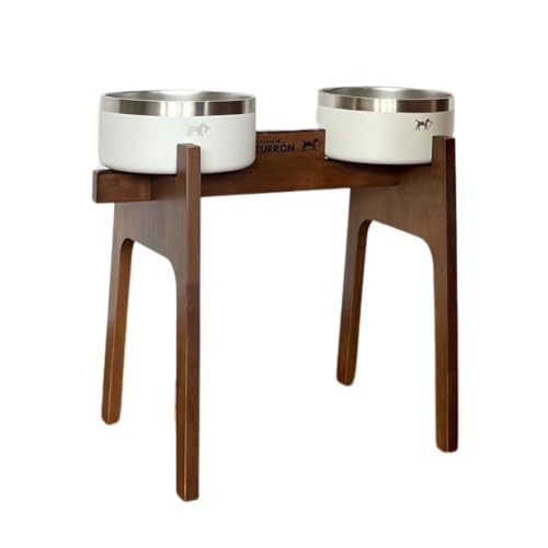 Hoher Doppelnapf für Hunde und Katzen – ergonomisch, aus Holz und Edelstahl – leicht zu reinigen, rutschfest (weiß, 26 cm) von La Casa de Turrón