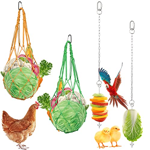 Huhn Gemüse Spieß Gemüse Hängende Futterspender Spielzeug Huhn Obst Feeder Huhn Gemüse Schnur Tasche Geflügel Obst Halter Huhn Kohl Futterspender (2 Spieße + Gelbe und Grüne Beutel) von La Desire