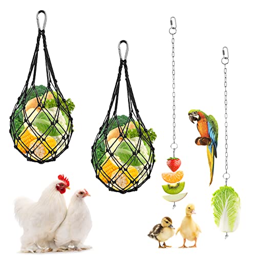 Huhn Gemüse Spieß Gemüse Hängende Feeder Spielzeug Huhn Obst Feeder Huhn Gemüse Schnur Tasche Geflügel Obsthalter Huhn Kohl Futterspender (2 Spieße + 2 Schwarze Beutel) von La Desire