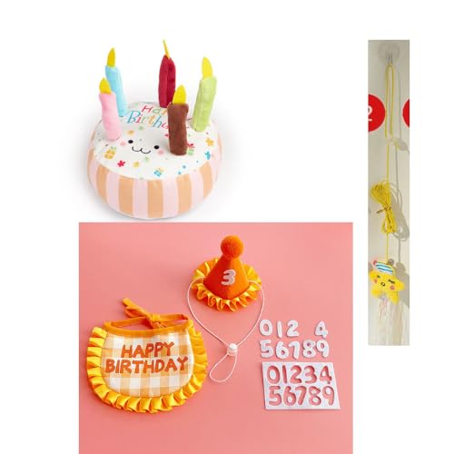 Katzen Geburtstag Outfit Set, Geburtstag Bandana und Hut mit 0-9 Zahlen, Plüsch Geburtstagstorte und Lustiges hängendes Katzenspielzeug mit Katzenminze, Süßes Geburtstagsgeschenk für Feier (Orange) von La Desire