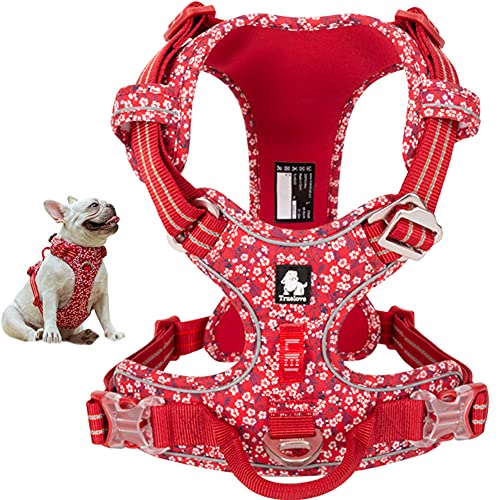 La La Pet® Hundegeschirr mit Blumenmuster, reflektierend, mit Vorder- und Rückseite, 2 Leinenclips und einfachem Griff für kleine, mittelgroße und große Hunde, 3 Schnappschnallen, Rot, Größe XL von La La Pet