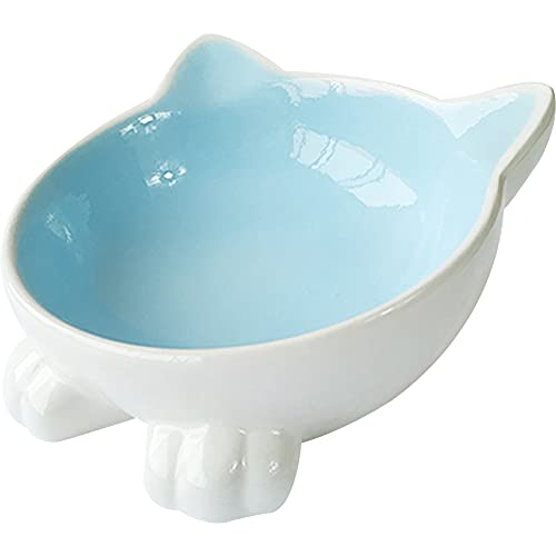 La La Pet® Tilted Ceramic Pet Feeding Bowl Cat Food and Water Bowl Dog Feeder Bowl Cat Food Dish Kitten Food Container for Indoor and Outdoor (Blue White) von La La Pet
