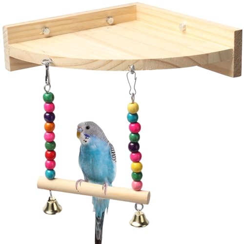 La La Pet Eckplattform für Papageien, mit Hängeschaukel aus Massivholz, flache Sitzstange, bunte Vögel, Spielplatzständer für Käfig, Standregal, Zubehör für Sittiche, Nymphensittiche, Sittiche, La La Pet Eckplattform für Papageien, mit Hängeschaukel aus Massivholz, flache Sitzstange, bunte Vögel, Spielplatzständer für Käfig, Standregal, Zubehör für Sittiche, Nymphensittiche, Sittiche, von La La Pet