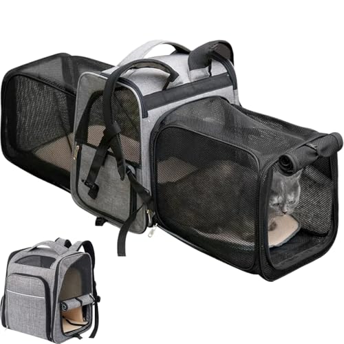 La La Pet Erweiterbarer Katzenrucksack mit atmungsaktiven Netztaschen, faltbare Seitentaschen, für Katzen und Hunde bis zu 7,3 kg, tragbare Haustier-Tragetasche für Outdoor-Reisen von La La Pet