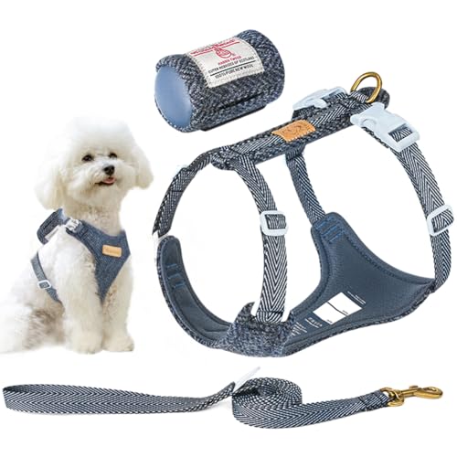 La La Pet Hundegeschirr, Leine mit Kotbeutelhalter, ausbruchsicher, Haustierweste für Spaziergänge im Freien, leichtes Halsband und Leine, Set für kleine, mittelgroße und große Hunde, Denimblau, Größe La La Pet Hundegeschirr, Leine mit Kotbeutelhalter, ausbruchsicher, Haustierweste für Spaziergänge im Freien, leichtes Halsband und Leine, Set für kleine, mittelgroße und große Hunde, Denimblau, Größe von La La Pet