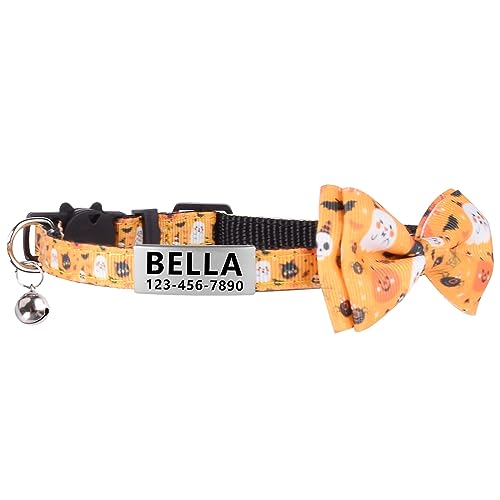 La Reine Personalisiertes Katzenhalsband, Breakaway Halloween Kätzchen Halsband mit niedlicher Fliege & Glocke, Edelstahl Slide-on Pet ID Tag Gravur mit Namen & Telefonnummern (Kürbis Geister) von LaReine