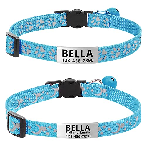 Lareine 2 Stück Katzenhalsband, personalisierbar, Breakaway Kätzchenhalsband mit Handy und Namensschild, Katzenhalsbänder, reflektierend mit Glocke für Mädchen und Jungen (Himmelblau) von LaReine