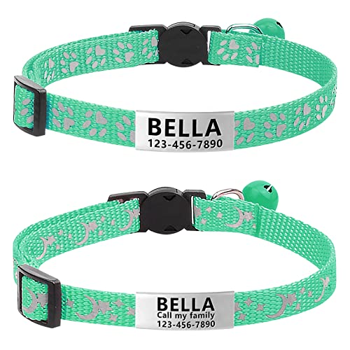 Lareine 2 Stück Katzenhalsband, personalisierbar, Breakaway Kätzchenhalsband mit Handy und Namensschild, Katzenhalsbänder, reflektierend mit Glocke für Mädchen und Jungen (Blaugrün) von LaReine