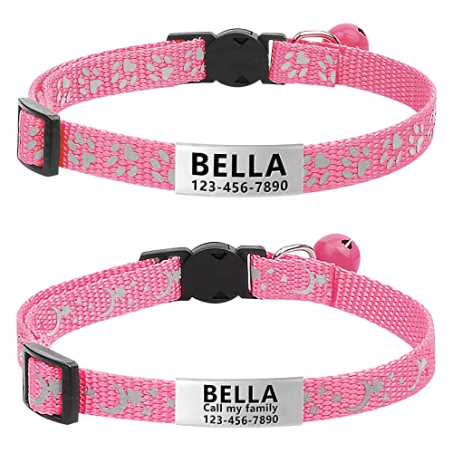 Lareine 2 Stück Katzenhalsband, personalisierbar, Breakaway Kätzchenhalsband mit Handy und Namensschild, Katzenhalsbänder, reflektierend mit Glocke für Mädchen und Jungen (Rosa) von LaReine