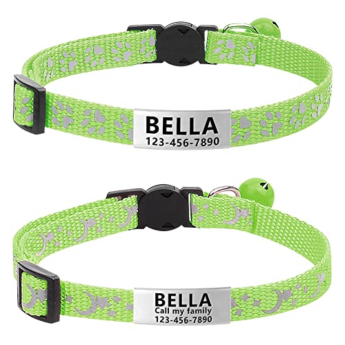 Lareine 2 Stück Katzenhalsband, personalisierbar, Breakaway Kätzchenhalsband mit Handy und Namensschild, Katzenhalsbänder, reflektierend mit Glocke für Mädchen und Jungen (grün) von LaReine