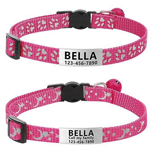 Lareine 2 Stück Katzenhalsband, personalisierbar, Breakaway Kätzchenhalsband mit Handy und Namensschild, Katzenhalsbänder, reflektierend mit Glocke für Mädchen und Jungen (heißes Pink) von LaReine