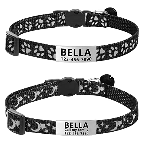 Lareine 2 Stück Katzenhalsband, personalisierbar, Breakaway Kätzchenhalsband mit Handy und Namensschild, Katzenhalsbänder, reflektierend mit Glocke für Mädchen und Jungen (schwarz) von LaReine