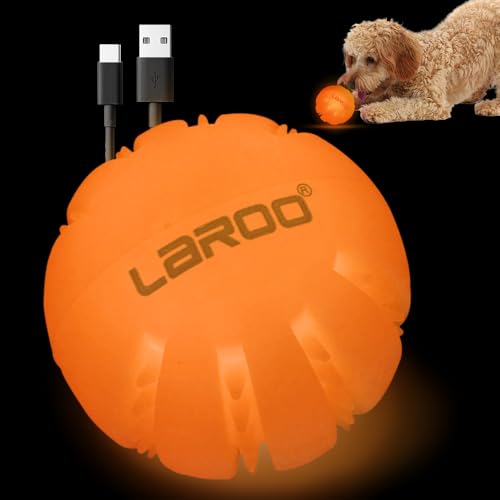 LaRoo Hundespielzeug Ball,LED-Hundeball Zahnreinigender Trainingsball,Ideales Hundespielzeug für Dunkelheit,Wiederaufladbar über USB,Geeignet für Kleine und Mittelgroße Hunde, 2.5 Zoll (Orange) von LaRoo