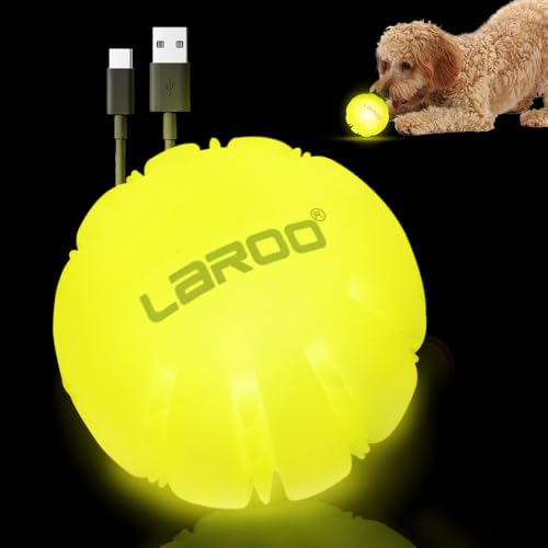 LaRoo Hundespielzeug Ball,LED-Hundeball Zahnreinigender Trainingsball,Ideales Hundespielzeug für Dunkelheit,Wiederaufladbar über USB,Geeignet für Kleine und Mittelgroße Hunde, 2.5 Zoll (Gelb) von LaRoo