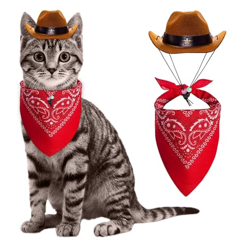 LaVenty Braunrot Katzen Cowboy Hut Cowboyhut für Katzen Bandana Mini Haustier Cowboy kostüm für Halloween Party Dekoration von LaVenty