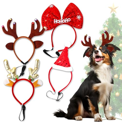 LaVenty Hund Weihnachtsgeweih Haarreif Weihnachten Haustier Stirnband Rentier Geweih Stirnband Weihnachts Kopfschmuck für Hunde Weihnachten Geschenk Kostümzubehör für Hunde von LaVenty