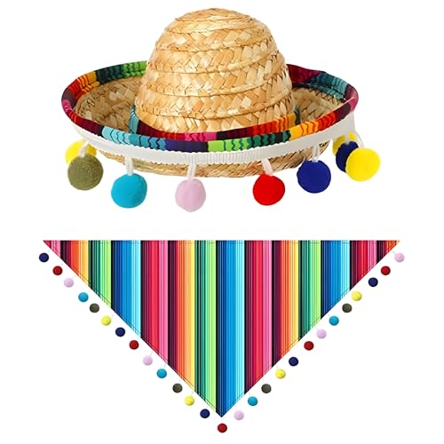 LaVenty Mexikanischer kleiner Hundekostüm, Zubehör, Haustier, Katzen, Sombrero-Hüte, Hut, bunte Streifen, Bandana, Haustier-Schal, für Cinco De Mayo Fiesta, Party-Dekorationen von LaVenty