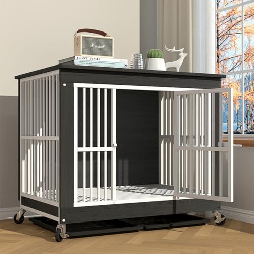 Moderne Hundehütte für den Innenbereich, Hundehütte im Möbelstil mit Rädern, dekorativer 2-in-1-Hundekäfig aus Eisen-Holz-Fusion(Black,Small) von Labasuan