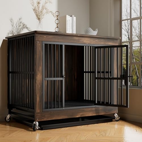 Moderne Hundehütte für den Innenbereich, Hundehütte im Möbelstil mit Rädern, dekorativer 2-in-1-Hundekäfig aus Eisen-Holz-Fusion(Brown,Small) von Labasuan