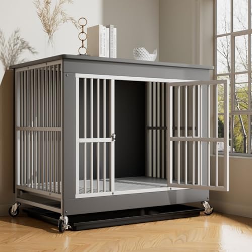 Moderne Hundehütte für den Innenbereich, Hundehütte im Möbelstil mit Rädern, dekorativer 2-in-1-Hundekäfig aus Eisen-Holz-Fusion(Gray,Small) von Labasuan
