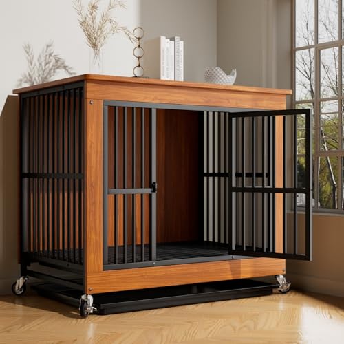 Moderne Hundehütte für den Innenbereich, Hundehütte im Möbelstil mit Rädern, dekorativer 2-in-1-Hundekäfig aus Eisen-Holz-Fusion(Walnut,Small) von Labasuan