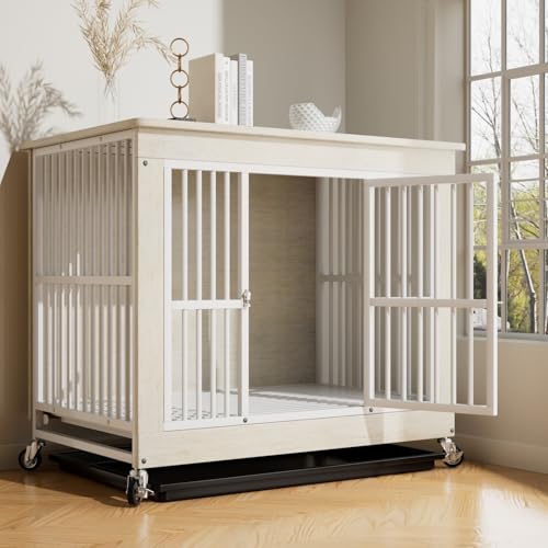 Moderne Hundehütte für den Innenbereich, Hundehütte im Möbelstil mit Rädern, dekorativer 2-in-1-Hundekäfig aus Eisen-Holz-Fusion(White,Small) von Labasuan