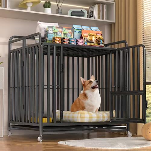 Robuste Hundebox, ausbruchsichere Hundehütte für den Innenbereich, große Box mit feststellbaren Rädern, abnehmbarem Tablett, Faltbare Hundehütte(Black,49.2 * 38.5 * 43.3in) von Labasuan