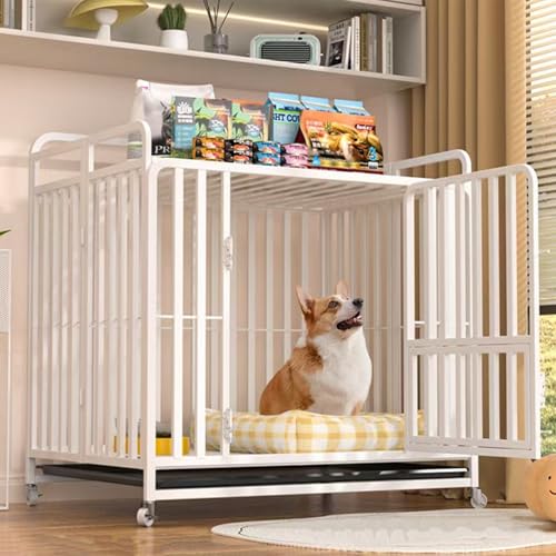 Robuste Hundebox, ausbruchsichere Hundehütte für den Innenbereich, große Box mit feststellbaren Rädern, abnehmbarem Tablett, Faltbare Hundehütte(White,49.2 * 38.5 * 43.3in) von Labasuan