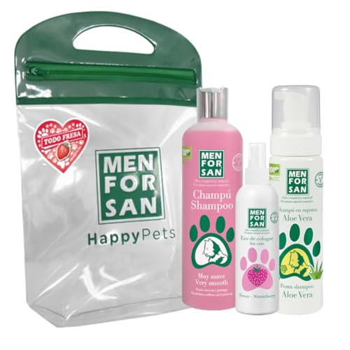 MENFORSAN Katzenhygiene- und Schönheitspaket, sehr sanftes Katzenshampoo 300ml, Erdbeerköl für Katzen 125ml, schäumendes Shampoo für Hunde und Katzen 200ml, reichhaltiger Erdbeerduft von Laboratorios Bilper