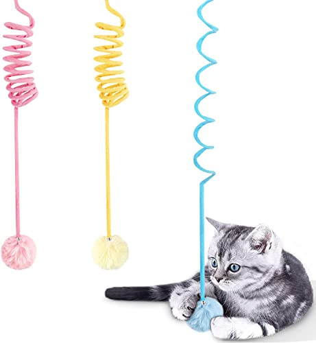 Labstandard Katzen Frühlingsspielzeug Selbst-Spiel Hängende Dehnbare Katze Frühling mit Glocke oder Ball Weiche Plüsch Interaktive Katze Spielzeug Set für Jagd und Spielen (Pink+Blau+Gelb) von Labstandard