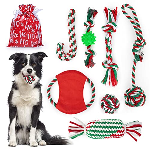 Ladadee Weihnachts-Hundespielzeug, Seil-Kauspielzeug für aggressive Kauer, 6 Stück, interaktives unzerstörbares Schleifen, mittelgroße und große Hunde, Reinigung der Zähne (7 Stück) von Ladadee