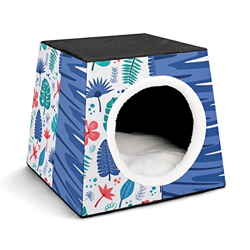 3 In 1 Haustier Haus Betten Sofa für Katzen Kleine Hunde Bedruckte Katzenhäuser Katzenhöhle mit Abnehmbarem Kissen Palmblätter Blumen Blau von LafalPer