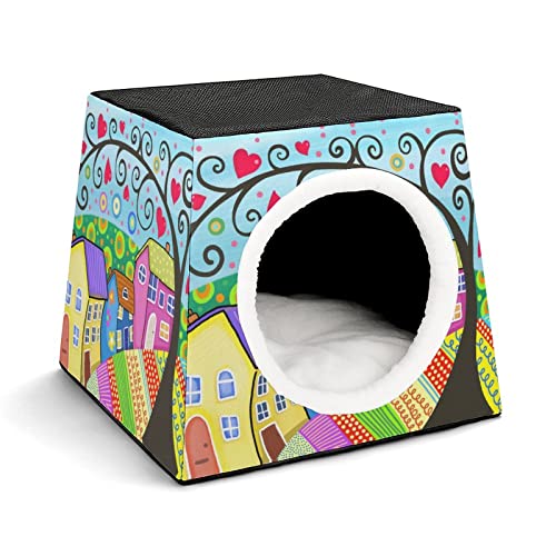 Bedruckte Katzenhäuser Katzenhöhle für Katzen Faltbares Haustier Haus Katzenbett Katzensofa mit Flauschiges Kissen Cartoon-Farbstadt von LafalPer