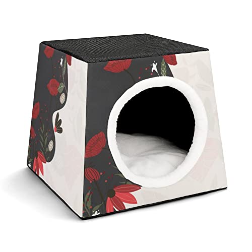 Bedruckte Katzenhäuser & Katzenhöhle Süß Faltbarer Katzenwürfel Katzenbett Katzensofa mit Abnehmbarem Kissen Gefahrenzone Rote Blumen von LafalPer