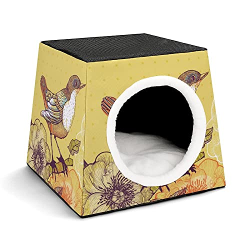 Bedruckte Katzenhäuser & Katzenhöhle Süß Faltbarer Katzenwürfel Katzenbett Katzensofa mit Abnehmbarem Kissen Gelbe Blumen und Vögel von LafalPer