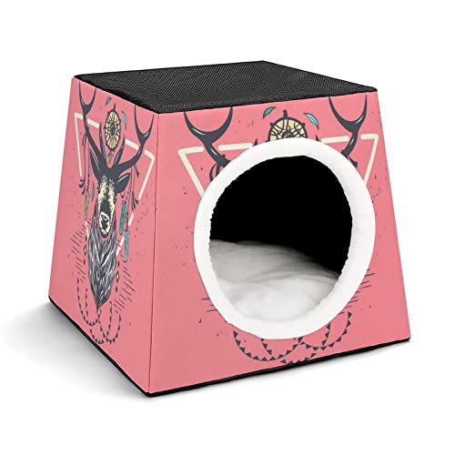 Bedruckte Katzenhäuser & Katzenhöhle Süß Faltbarer Katzenwürfel Katzenbett Katzensofa mit Abnehmbarem Kissen Rosa Elch von LafalPer