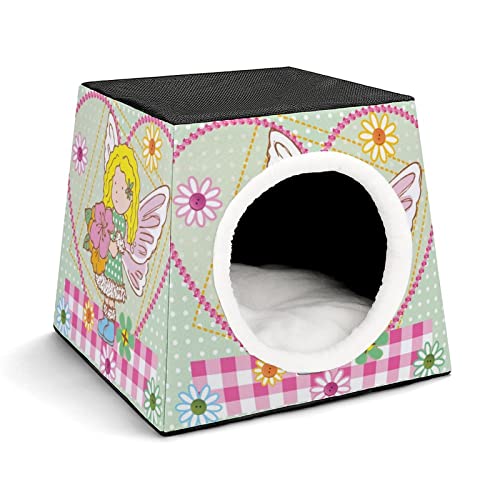 Bedruckte Katzenhäuser & Katzenhöhle Süß Faltbarer Katzenwürfel Katzenbett Katzensofa mit Abnehmbarem Kissen Schmetterlings-Mädchen-Blume von LafalPer