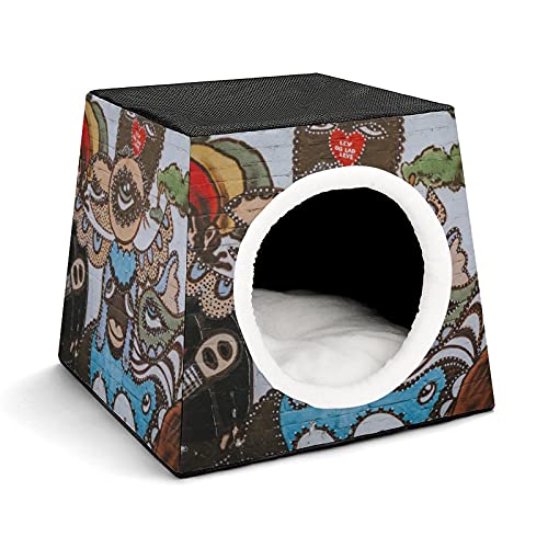 Bedruckte Katzenhöhle Katzenhaus Hundehütte Faltbar als Katzenbett Katzensofa für Katzen Kleintiere mit Abnehmbarem Kissen Graffiti-Hirsch-Weihnachten von LafalPer