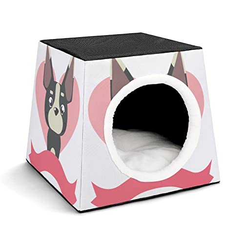 Bedruckte Katzenhöhle Katzenhaus Hundehütte Faltbar als Katzenbett Katzensofa für Katzen Kleintiere mit Abnehmbarem Kissen Süßer Hund rosa Herz von LafalPer