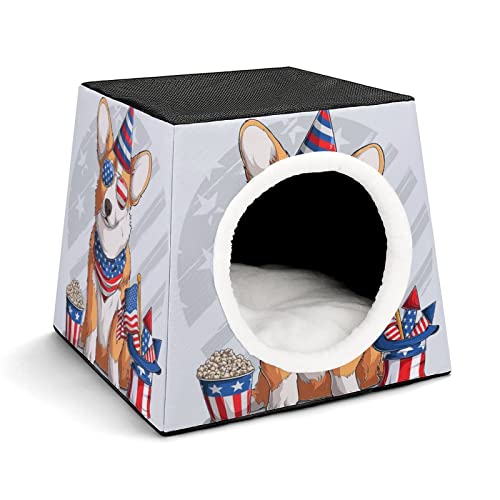 Bedruckter Katzenwürfel Haustier Haus für Katzen Indoor Katzenhöhle Katzenbett Hundehütte Waschbar Winterfest USA-Flaggen-Hund von LafalPer