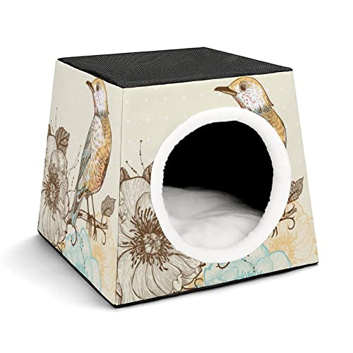 Mode Katzenhöhle für Katzen Hunde Kleintiere Faltbares Katzenhaus Katzenbett Katzensofa mit Flauschiges Kissen Blume und Vogel braun von LafalPer