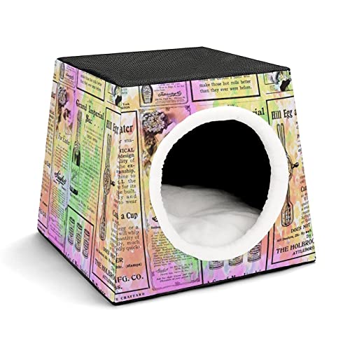 Mode Katzenhöhle für Katzen Hunde Kleintiere Faltbares Katzenhaus Katzenbett Katzensofa mit Flauschiges Kissen Farbe Retro-Zeitung von LafalPer