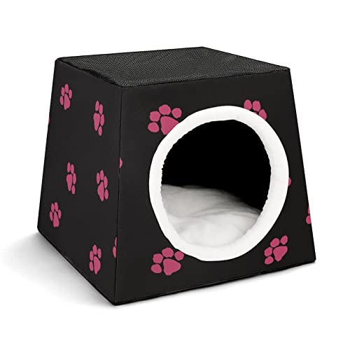Mode Katzenhöhle für Katzen Hunde Kleintiere Faltbares Katzenhaus Katzenbett Katzensofa mit Flauschiges Kissen Hundepfotenabdruck von LafalPer