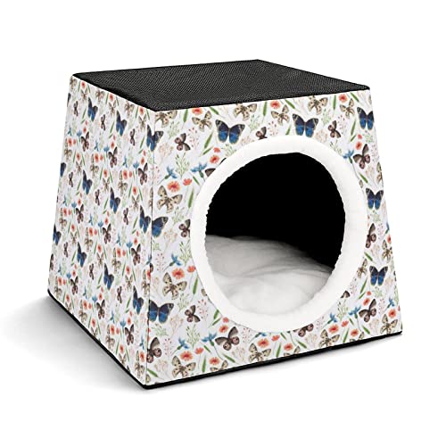 Mode Katzenhöhle für Katzen Hunde Kleintiere Faltbares Katzenhaus Katzenbett Katzensofa mit Flauschiges Kissen Schmetterlinge weiß von LafalPer