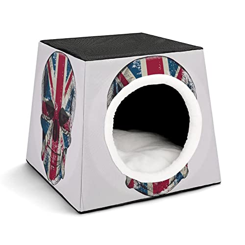 Multifunktionales Katzenhaus Faltbar als Katzenbett Katzensofa Bedruckte Haustier Haus für Katzen Kleintiere mit Matratze Schädel-UK-Flagge von LafalPer