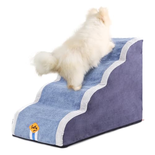 laifug Gebogene Hundetreppe für kleine Hunde, 4-stufige Haustiertreppe für hohe Betten und Couch, rutschfeste, ausgewogene Hundetreppe mit hochdichtem Schaumstoff, Maiskorn, vierstöckige Treppe, blaue von Laifug
