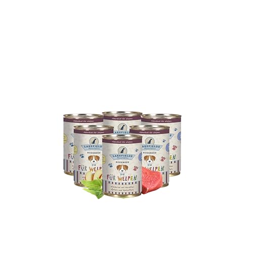 Lakefields - Premium Welpenfutter Nass - Rind 61%, getreidefreies Hundefutter für Welpen, Dosenfleisch-Menü mit Rindfleisch, Äpfeln, Zucchini & Karotten, schonend gegart, 6 x 400g von Lakefields
