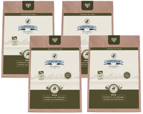 Lakefields - Premium Hundefutter trocken, Wild 68%, getreidefreies Trockenfutter für ausgewachsene Hunde, Alleinfutter mit Hirsch- und Rehfleisch, schonend ausgebacken, 4 x 1kg von Lakefields