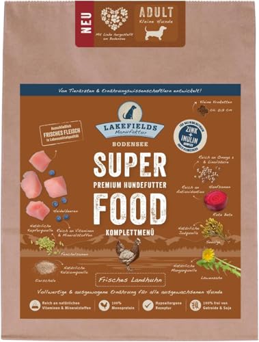 LAKEFIELDS MANUFAKTUR - SUPER Food - Premium Hundefutter trocken, Huhn 61%, getreidefreies Trockenfutter für kleine ausgewachsene Hunde, Alleinfutter mit Hühnerfleisch, Größe:3 x 1 Kg von Lakefields