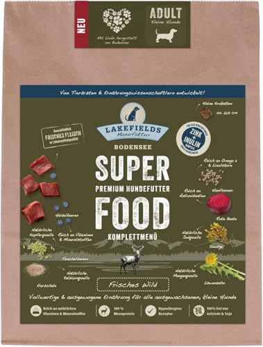 LAKEFIELDS MANUFAKTUR - SUPERFOOD - Premium Hundefutter trocken, Wild 61%, getreidefreies Trockenfutter für kleine ausgewachsene Hunde, Alleinfutter mit Wildfleisch, Größe:3 x 1 Kg LAKEFIELDS MANUFAKTUR - SUPERFOOD - Premium Hundefutter trocken, Wild 61%, getreidefreies Trockenfutter für kleine ausgewachsene Hunde, Alleinfutter mit Wildfleisch, Größe:3 x 1 Kg von Lakefields
